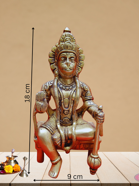 Brass Hanuman Seated On Chowki With  Gada /Mace