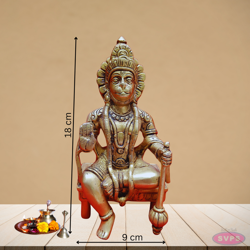 Brass Hanuman Seated On Chowki With  Gada /Mace