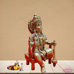 Brass Hanuman Seated On Chowki With  Gada /Mace