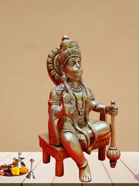 Brass Hanuman Seated On Chowki With  Gada /Mace