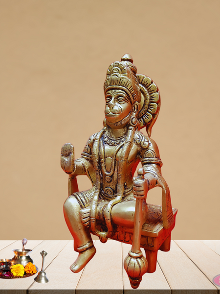 Brass Hanuman Seated On Chowki With  Gada /Mace