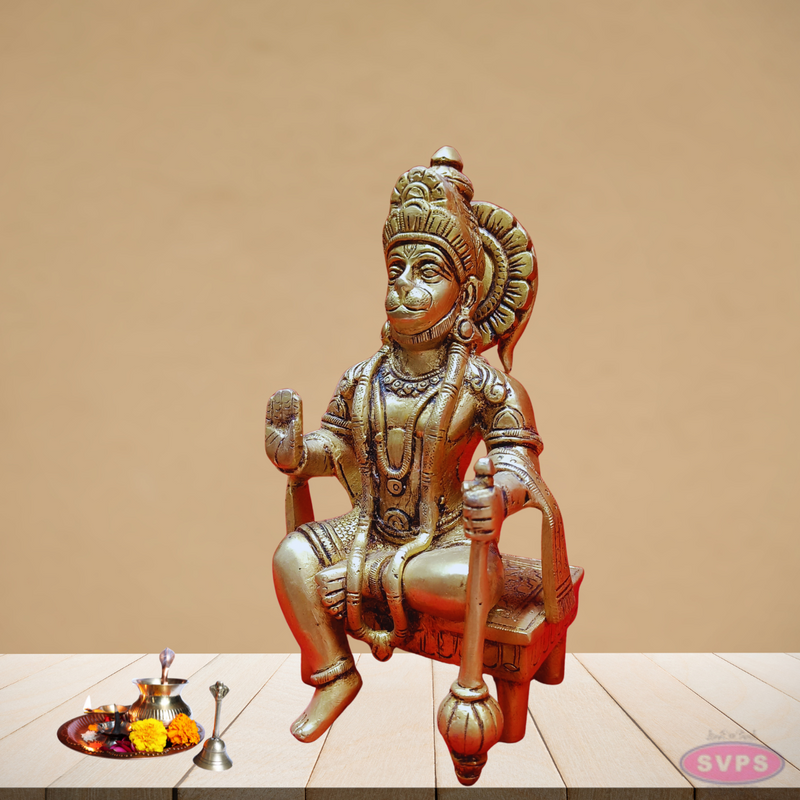 Brass Hanuman Seated On Chowki With  Gada /Mace