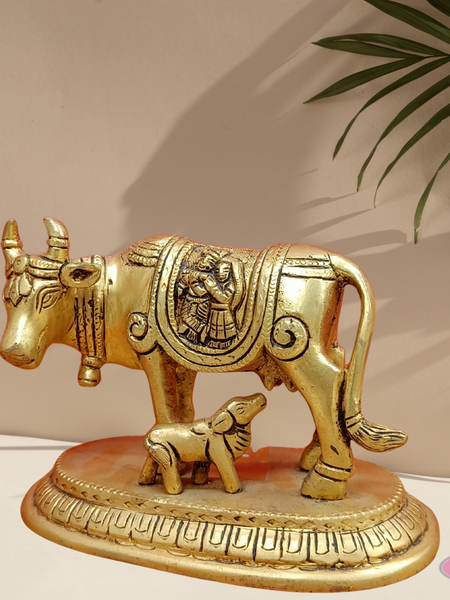 Brass Kamadhenu With Radha Krishna For Puja