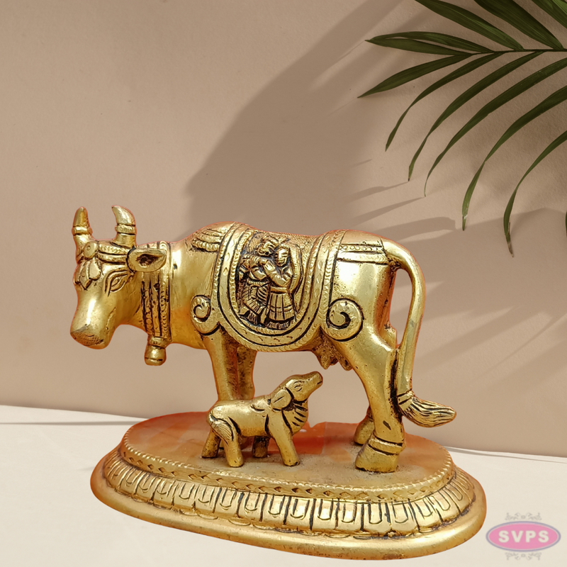 Brass Kamadhenu With Radha Krishna For Puja