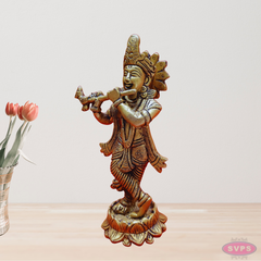 Brass Krishna Playing Flute On Lotus Base