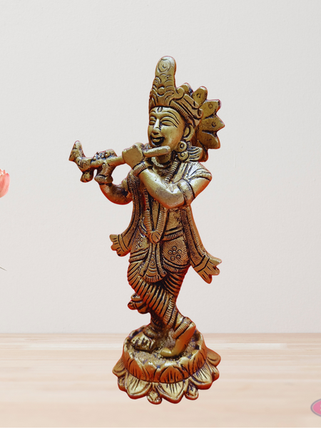 Brass Krishna Playing Flute On Lotus Base