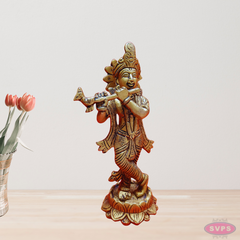 Brass Krishna Playing Flute On Lotus Base