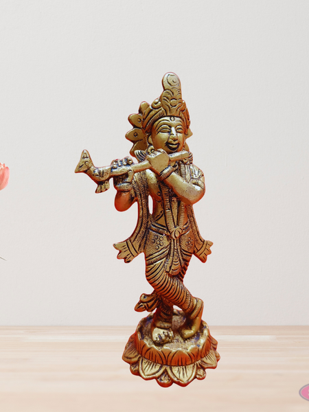 Brass Krishna Playing Flute On Lotus Base