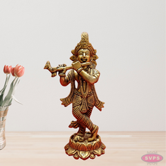 Brass Krishna Playing Flute On Lotus Base