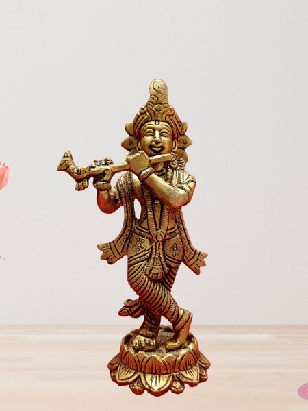 Brass Krishna Playing Flute On Lotus Base