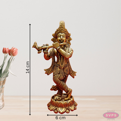 Brass Krishna Playing Flute On Lotus Base