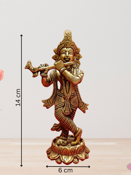 Brass Krishna Playing Flute On Lotus Base