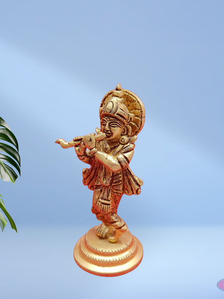 Brass Little Krishna Playing Flute / 10 Inches