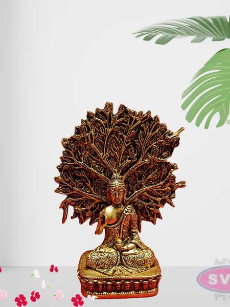 Brass Lord Buddha Seated Under Bodhi Tree /Decorative Showpiece