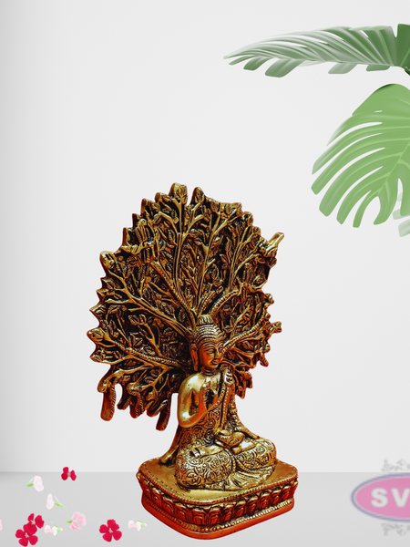 Brass Lord Buddha Seated Under Bodhi Tree /Decorative Showpiece