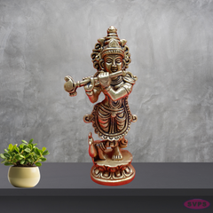 Brass Lord Krishna Playing Flute With Peacock