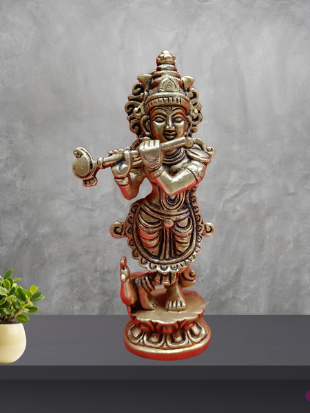 Brass Lord Krishna Playing Flute With Peacock