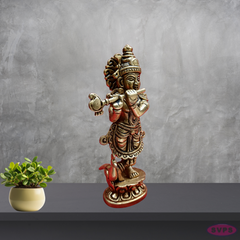 Brass Lord Krishna Playing Flute With Peacock