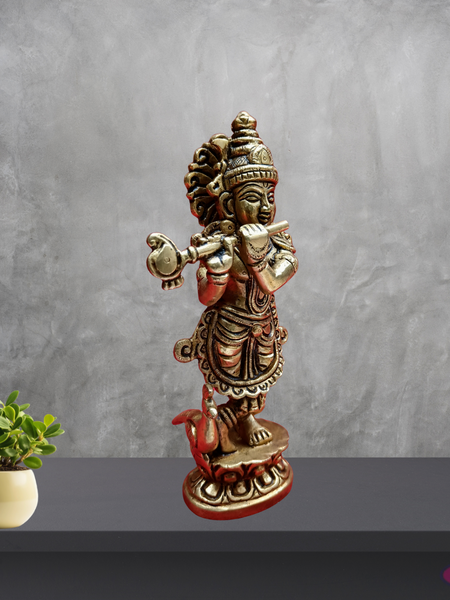 Brass Lord Krishna Playing Flute With Peacock