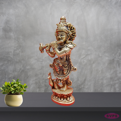 Brass Lord Krishna Playing Flute With Peacock