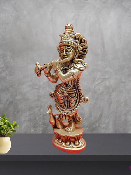 Brass Lord Krishna Playing Flute With Peacock