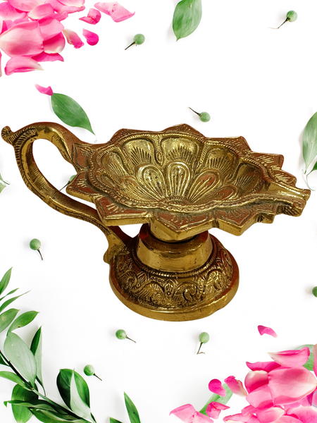 Brass Lotus Shape Diya With Handle