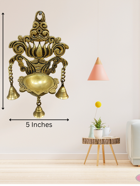 Brass Lotus Wall Hanging Diya With Bells For Wall Decor