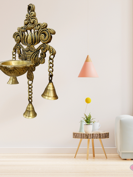 Brass Lotus Wall Hanging Diya With Bells For Wall Decor