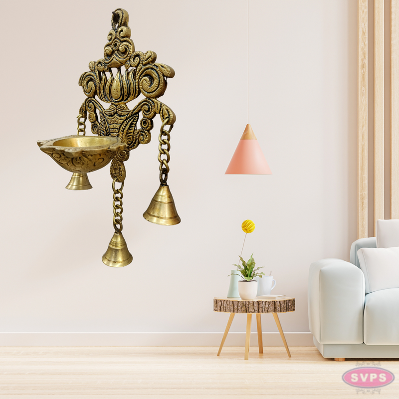 Brass Lotus Wall Hanging Diya With Bells For Wall Decor
