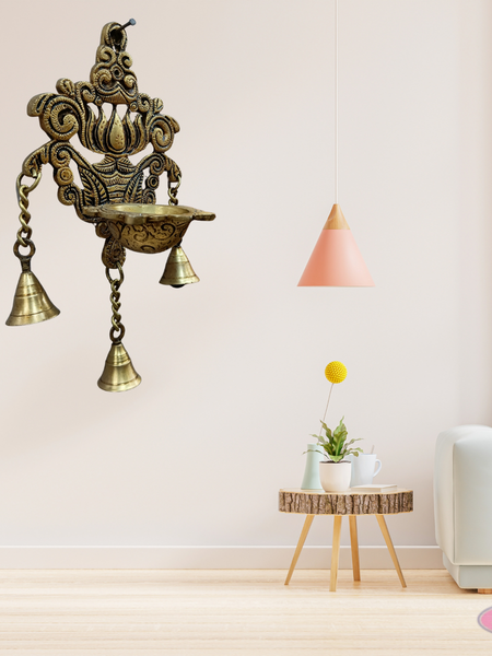 Brass Lotus Wall Hanging Diya With Bells For Wall Decor