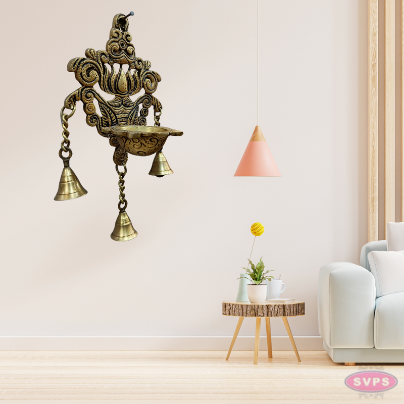 Brass Lotus Wall Hanging Diya With Bells For Wall Decor