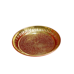 Golden Floral Engraved Brass Pooja Plate – Decorative Traditional Design