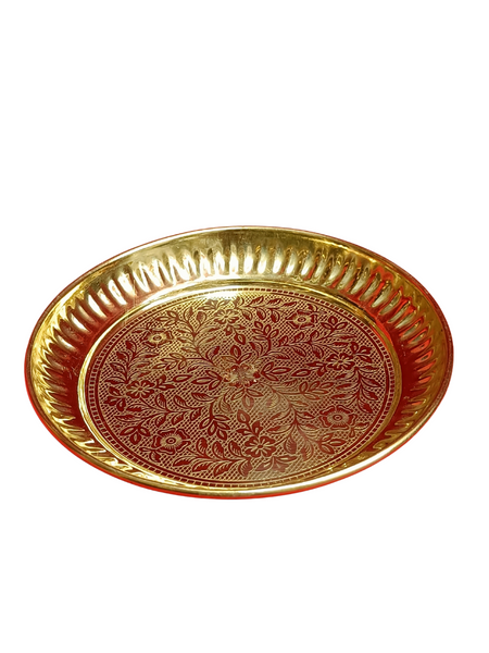 Golden Floral Engraved Brass Pooja Plate – Decorative Traditional Design