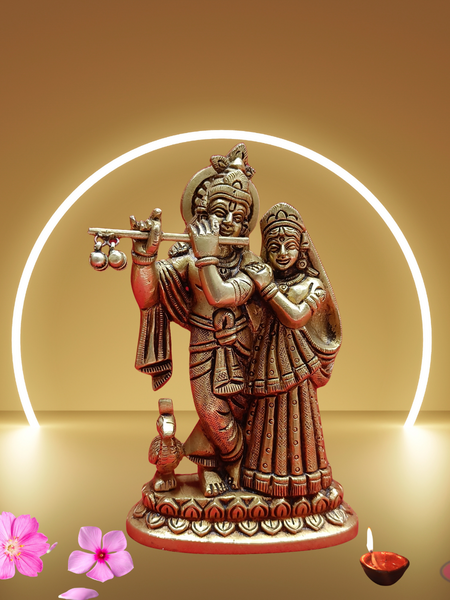 Brass Radha Krishna Playing Flute With Peacock