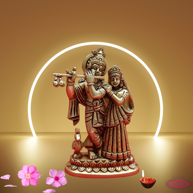 Brass Radha Krishna Playing Flute With Peacock