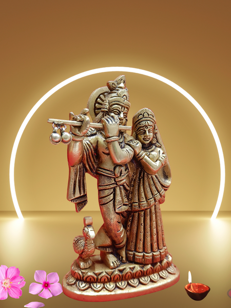Brass Radha Krishna Playing Flute With Peacock