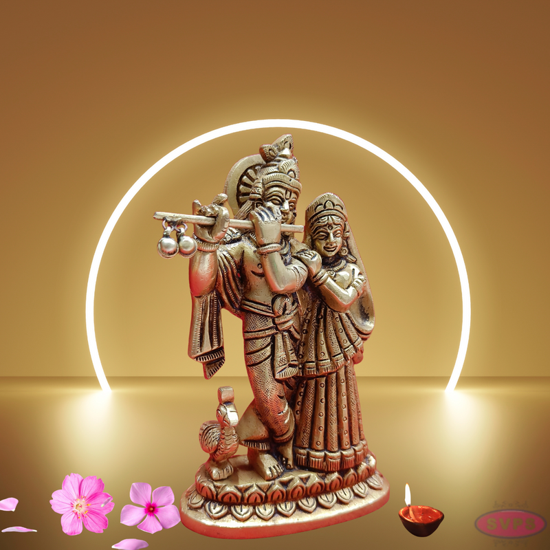 Brass Radha Krishna Playing Flute With Peacock