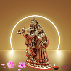 Brass Radha Krishna Playing Flute With Peacock