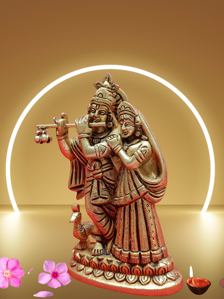 Brass Radha Krishna Playing Flute With Peacock