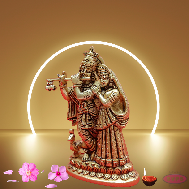 Brass Radha Krishna Playing Flute With Peacock