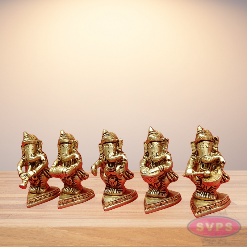 Brass Ganapathy Bappa Idol Set Playing Musical Instruments