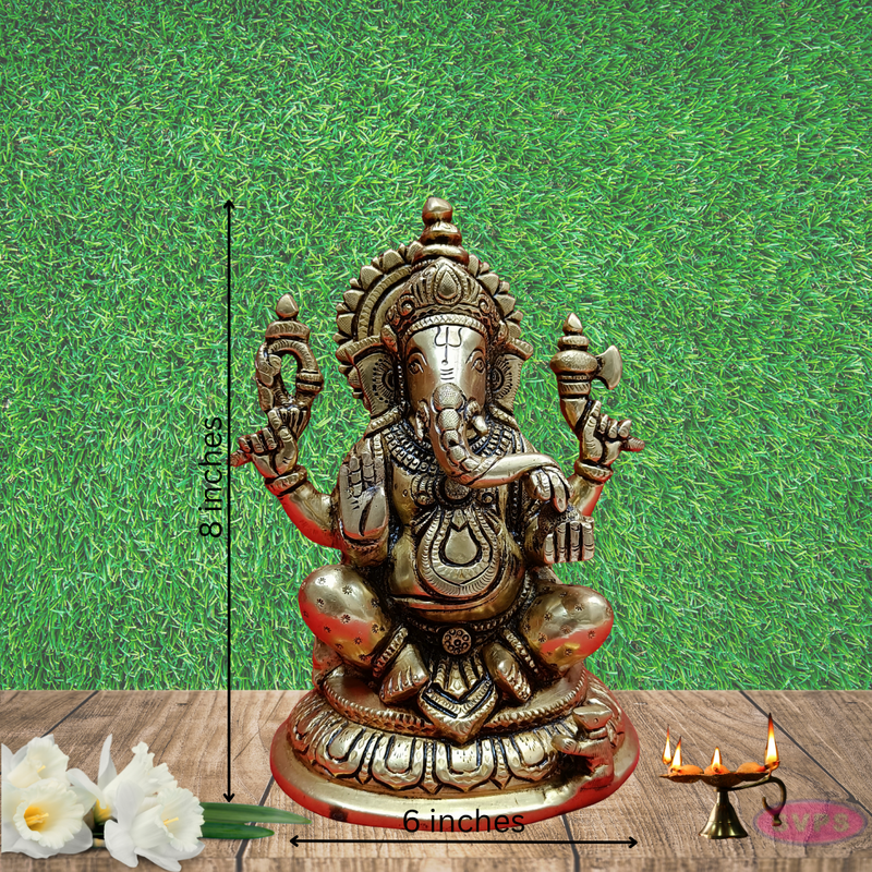 Brass Sitting Ganapathy With Rat / 8 Inches