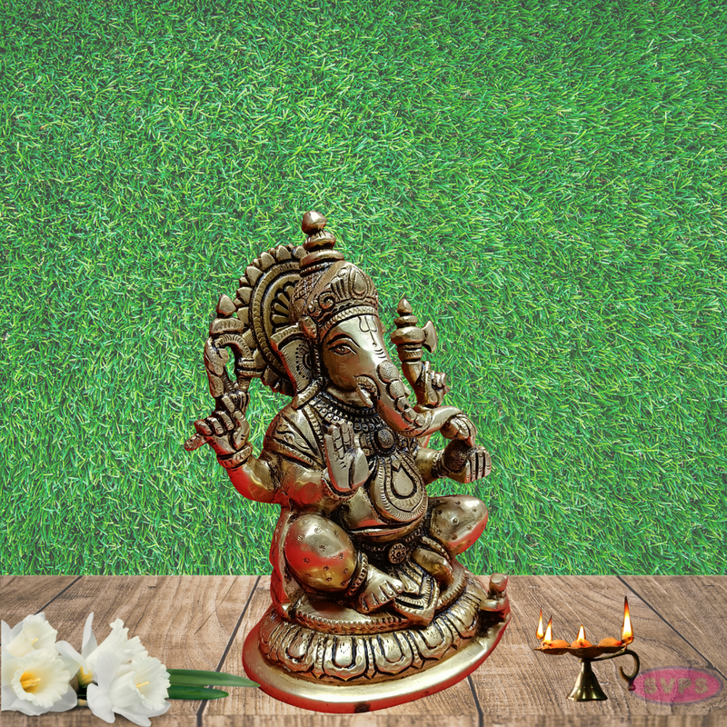 Brass Sitting Ganapathy With Rat / 8 Inches