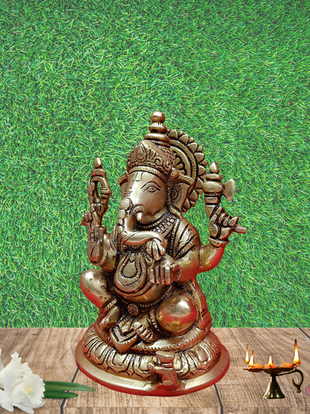 Brass Sitting Ganapathy With Rat / 8 Inches
