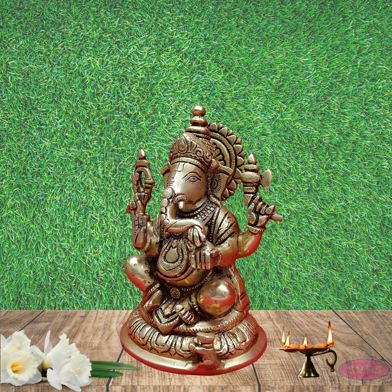 Brass Sitting Ganapathy With Rat / 8 Inches