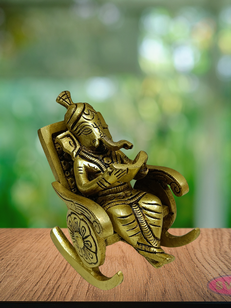 Brass Ganesh on Chair Idol – Antique Finish Lord Ganesha Statue for Pooja & Home Décor
