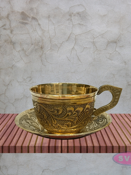 Vintage Style Brass Coffee Cup & Saucer Set with Floral Engraving