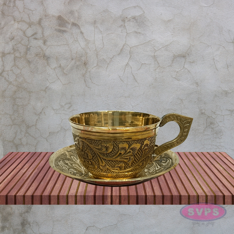 Vintage Style Brass Coffee Cup & Saucer Set with Floral Engraving
