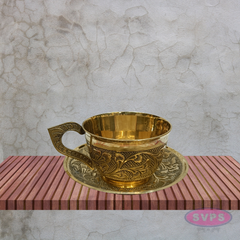 Vintage Style Brass Coffee Cup & Saucer Set with Floral Engraving