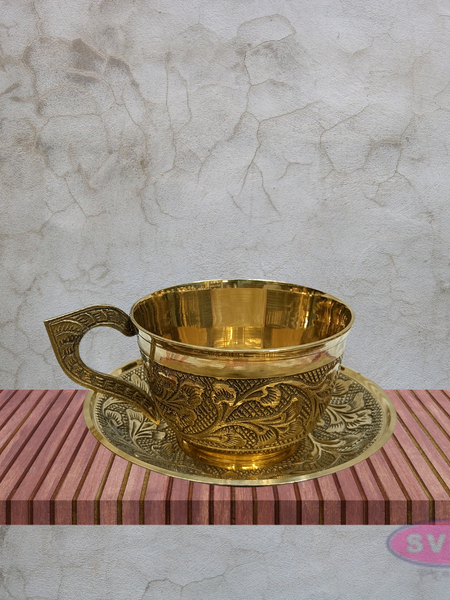 Vintage Style Brass Coffee Cup & Saucer Set with Floral Engraving